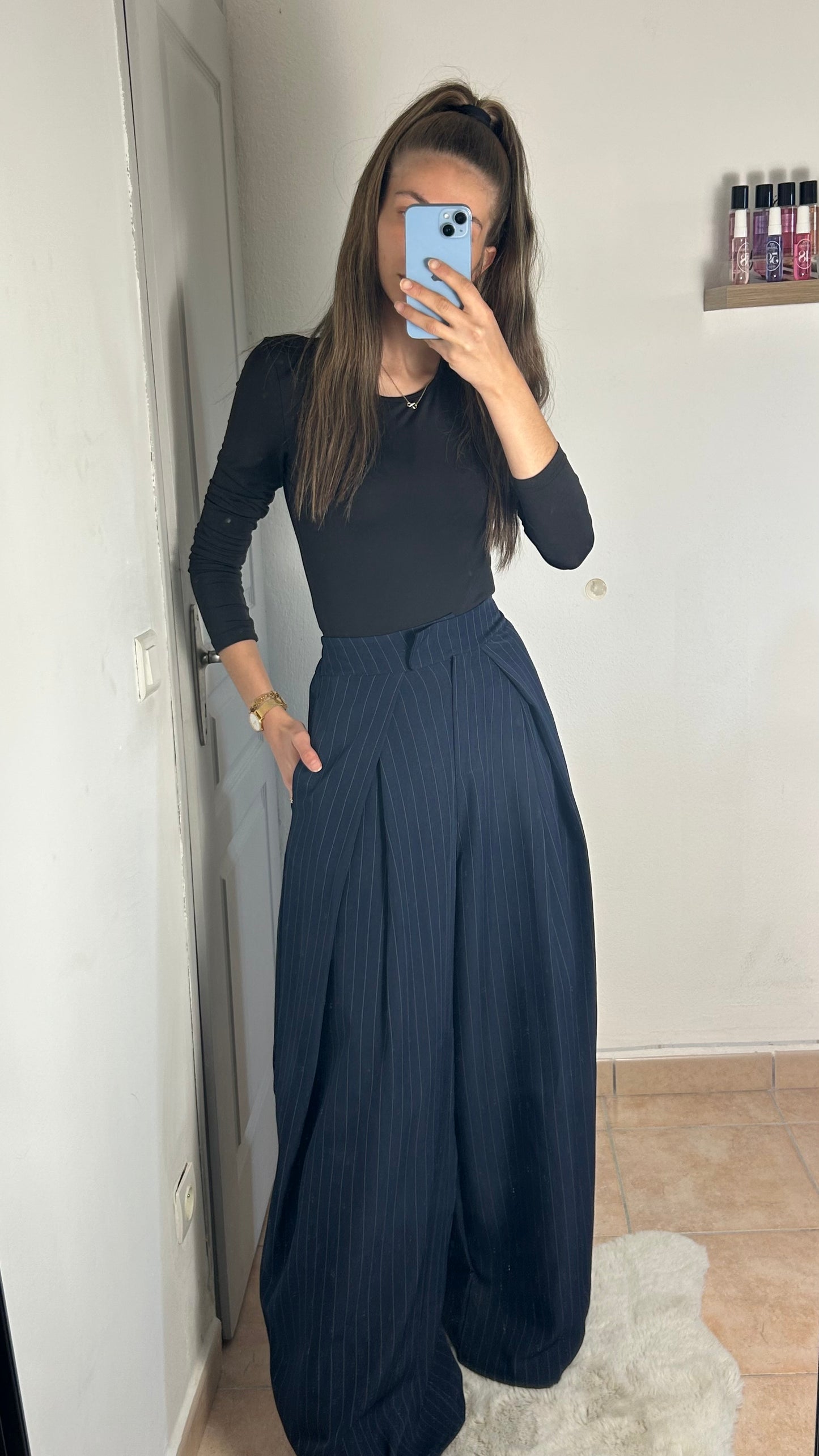 Pantalon palazzo à rayures taille haute