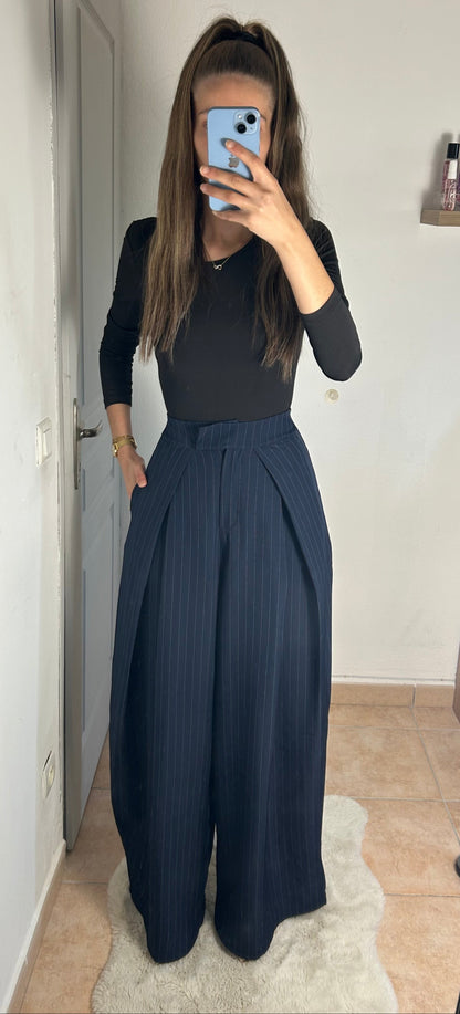 Pantalon palazzo à rayures taille haute