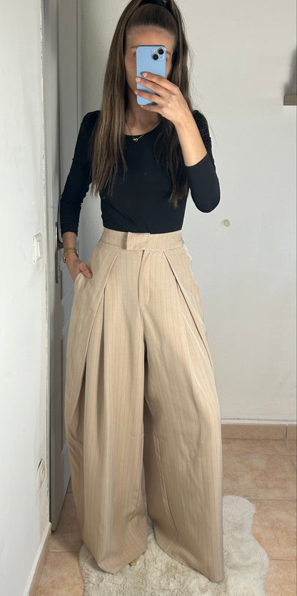 Pantalon palazzo à rayures taille haute