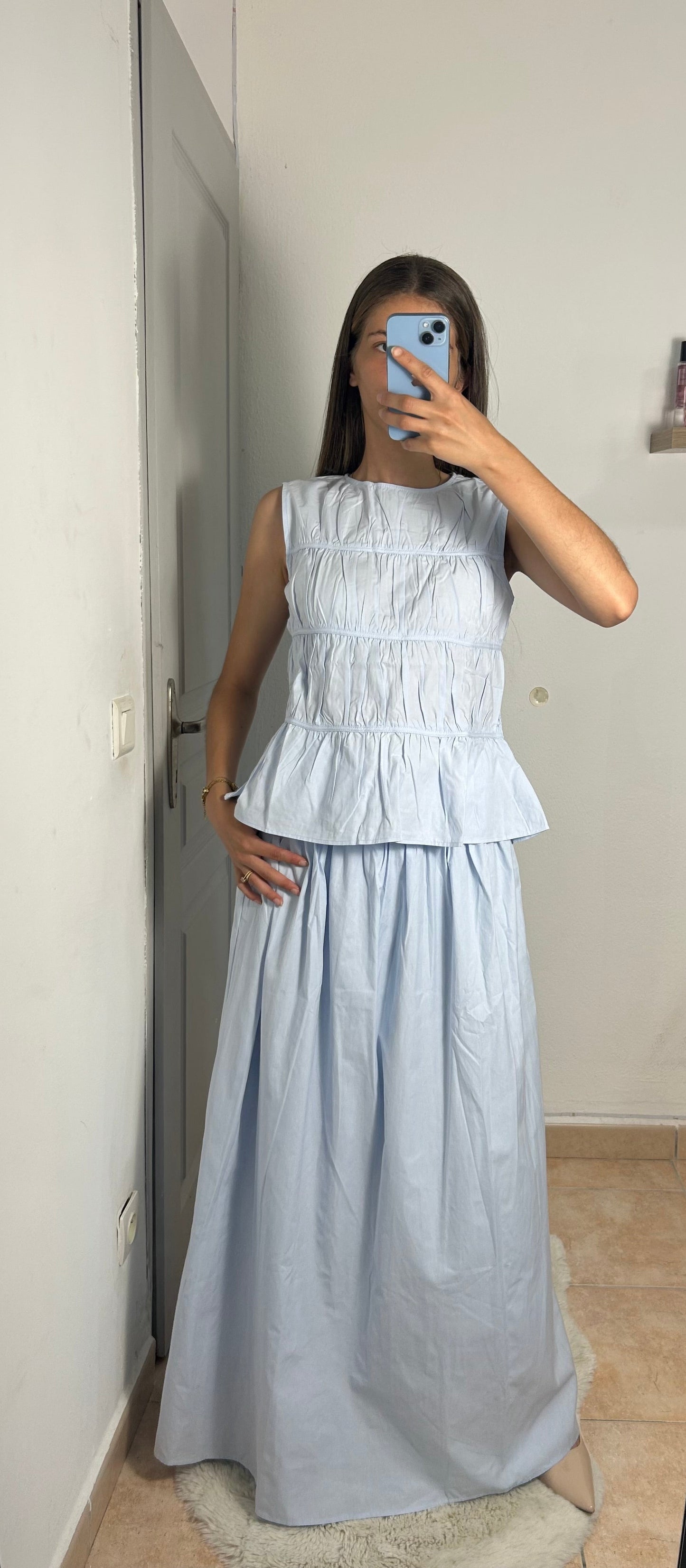 Ensemble top froncé et jupe longue avec doublure