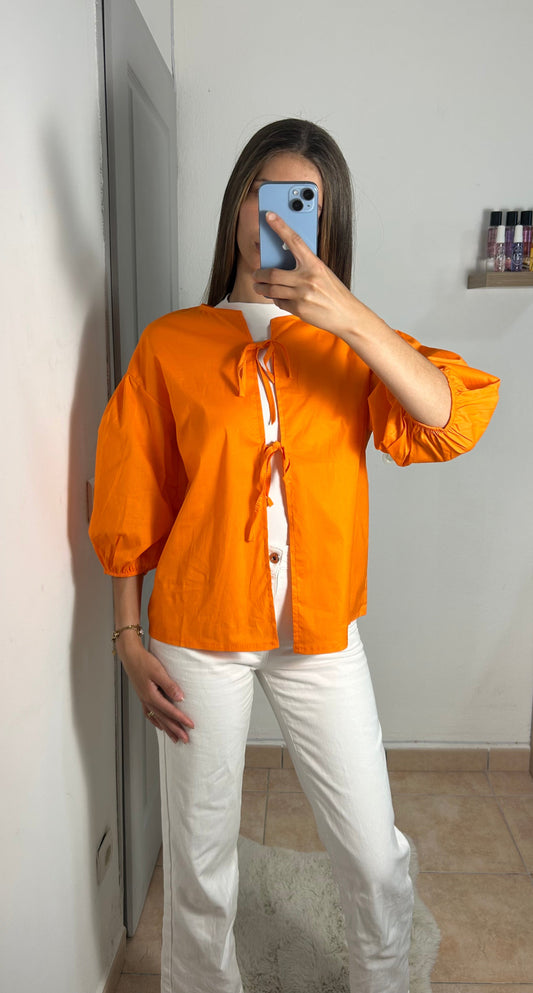 Blouse manche ballon avec lien nouer