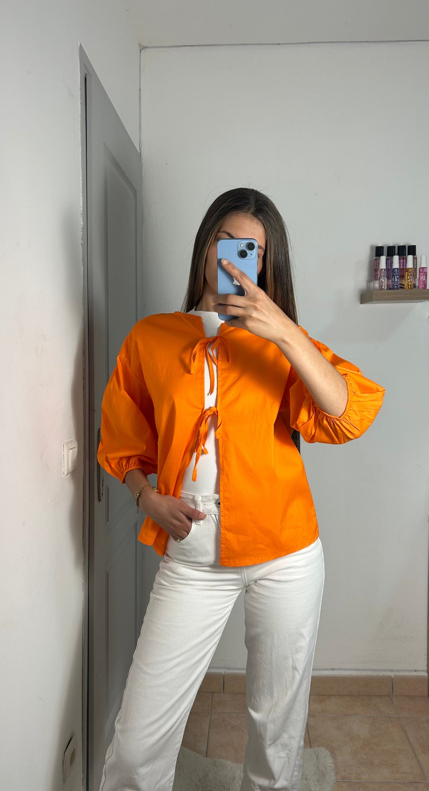 Blouse manche ballon avec lien nouer